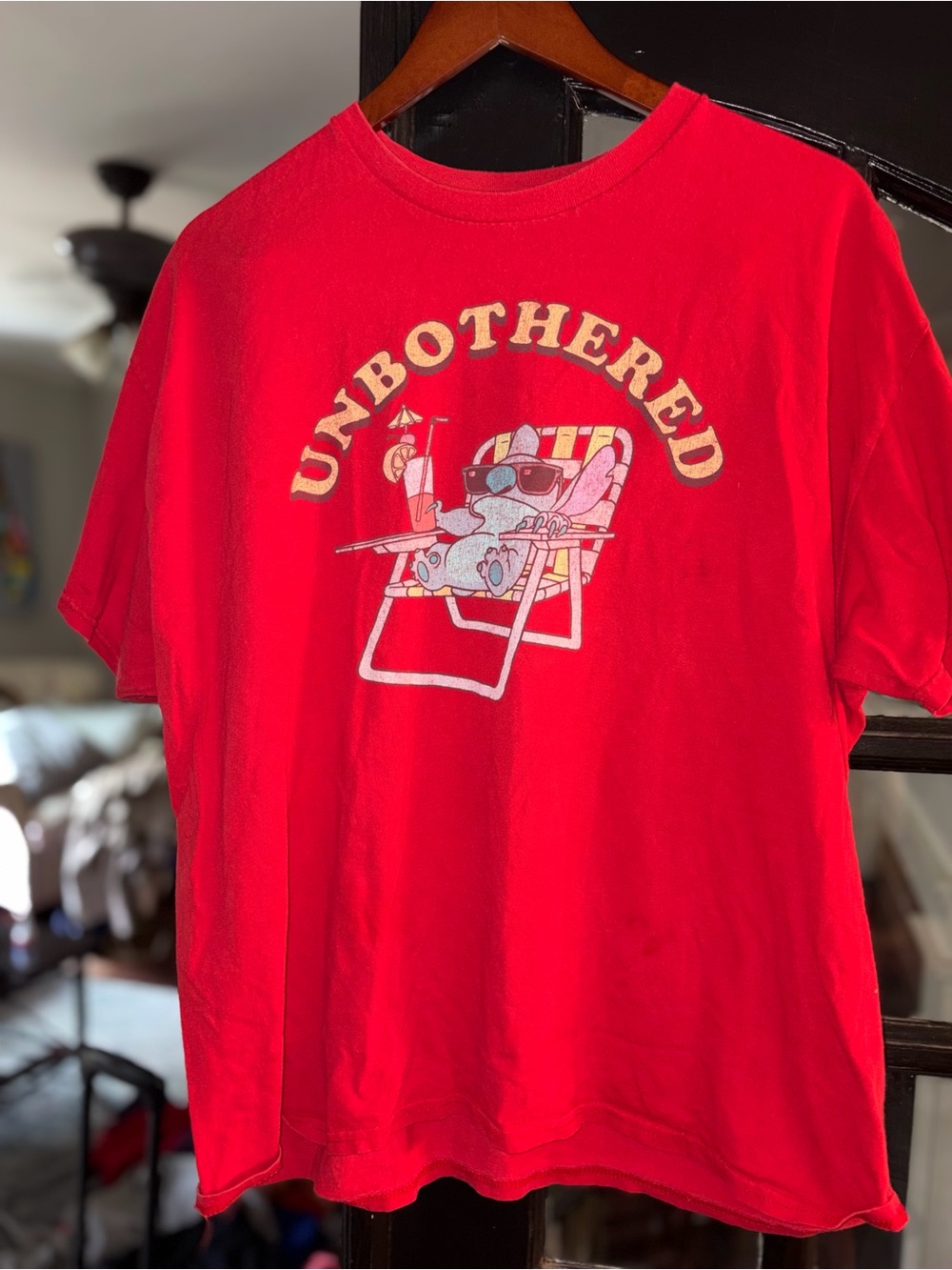 Disney Men's Stitch Unbothered Graphic Adult Tee with Short Sleeves in red